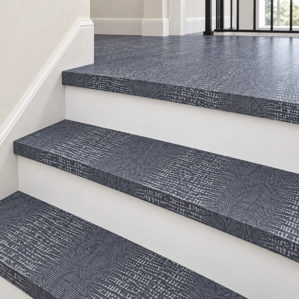 Serpent Luxe stair nosing — installed view with product profile inset