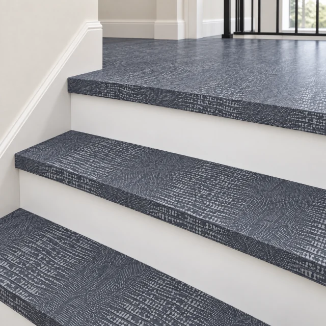 Serpent Luxe stair nosing — installed view with product profile inset