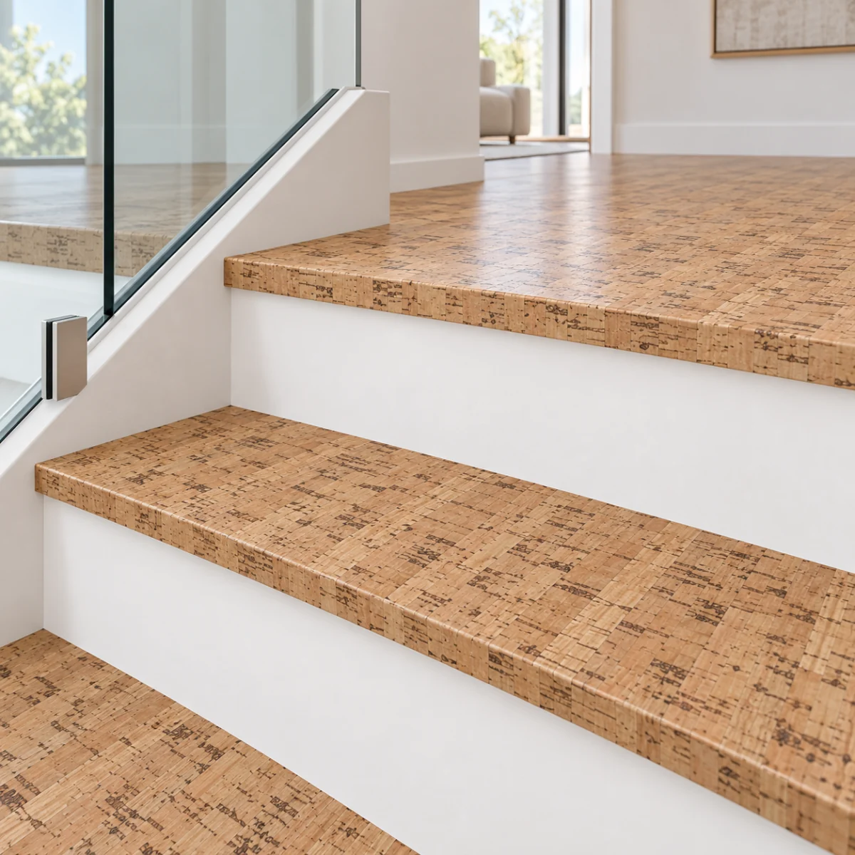 Silver Birch stair nosing — installed view with product profile inset