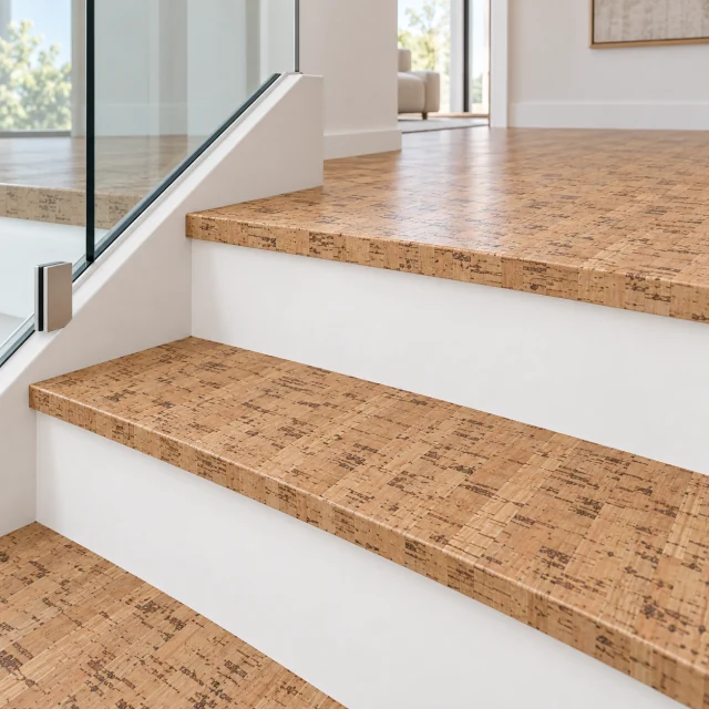 Silver Birch stair nosing — installed view with product profile inset