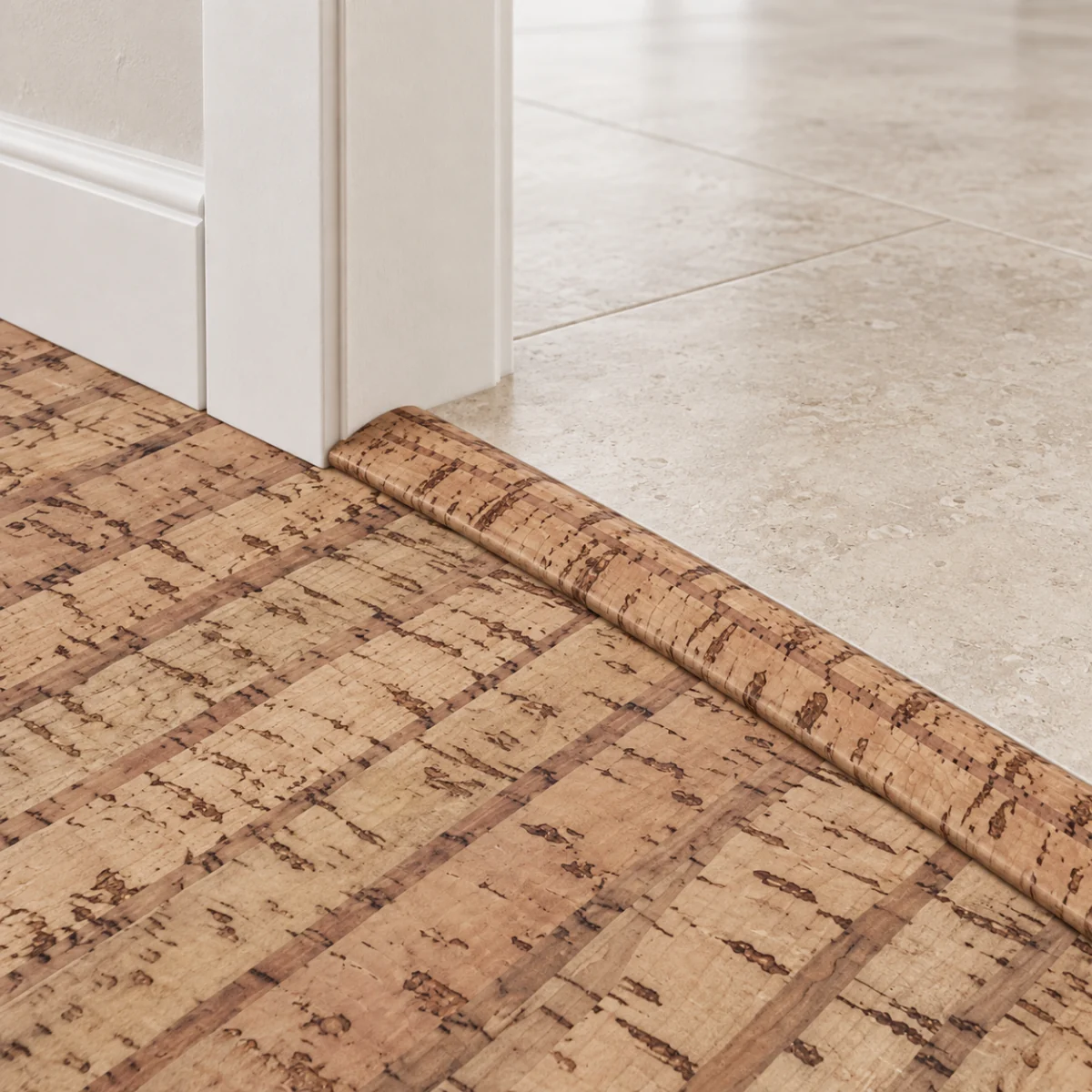 Sisal T-molding transition — installed view with product profile inset