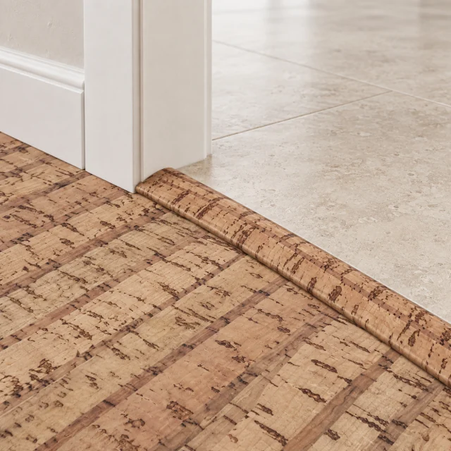 Sisal T-molding transition — installed view with product profile inset