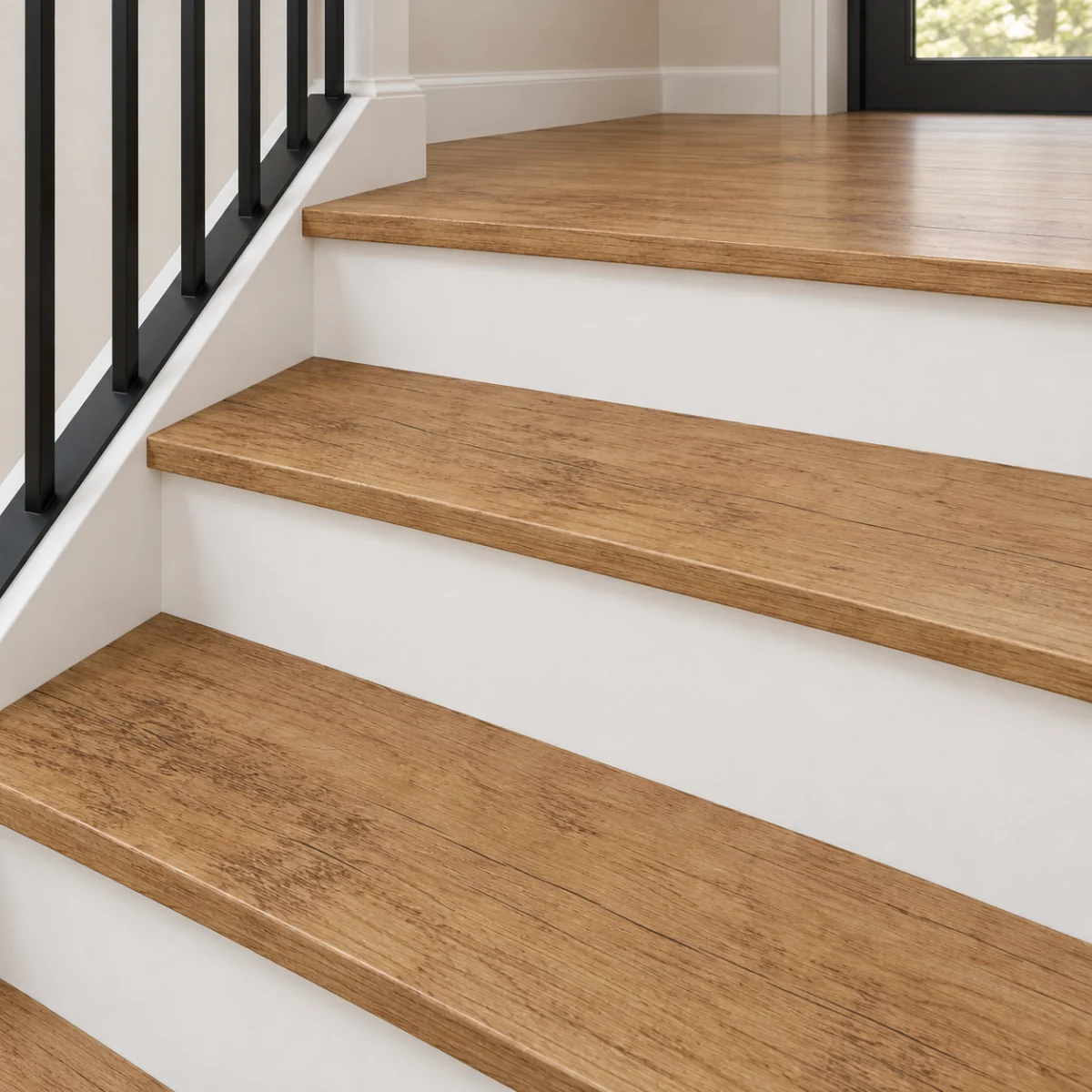 Spanish Cedar stair nosing — installed view with product profile inset