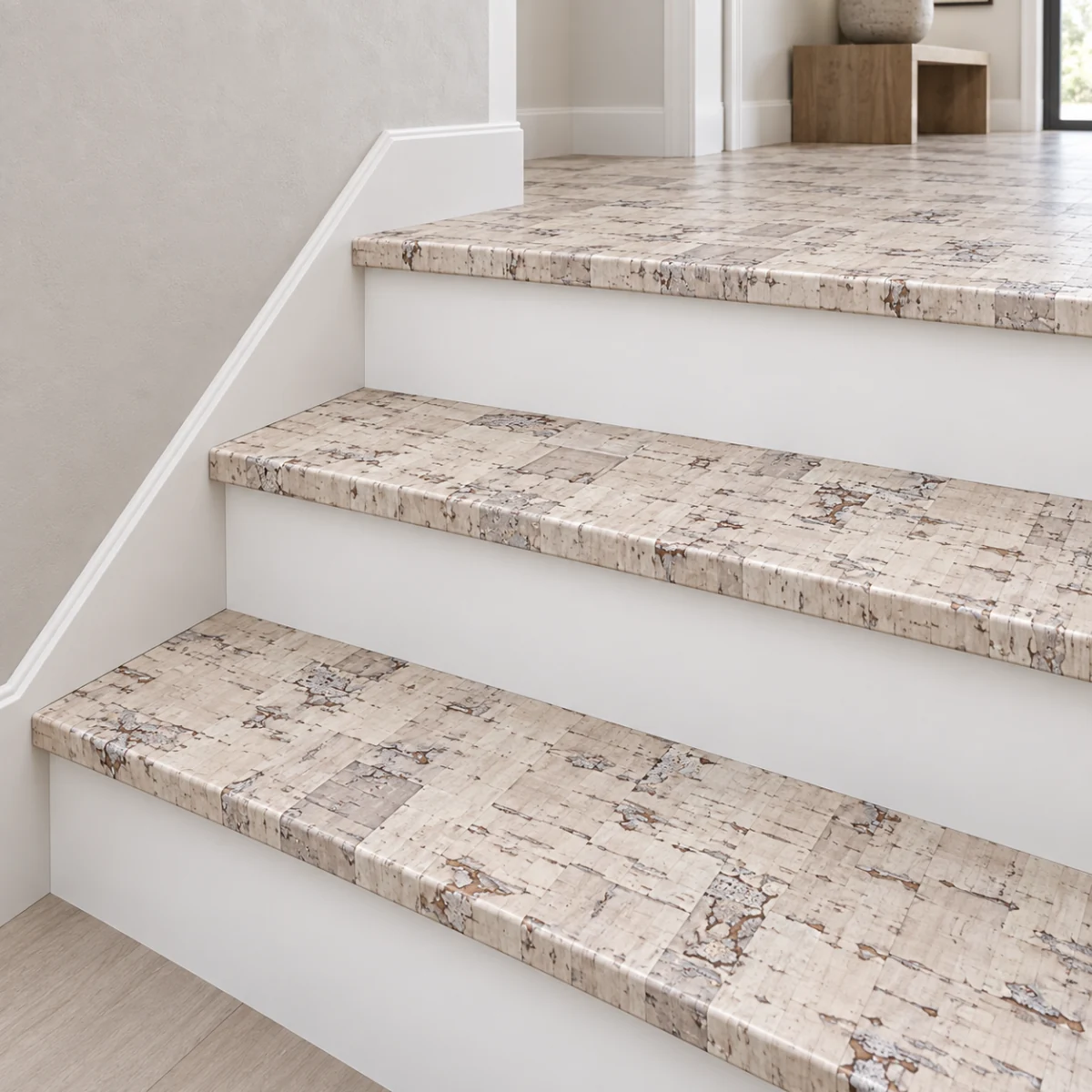 Stratum stair nosing — installed view with product profile inset