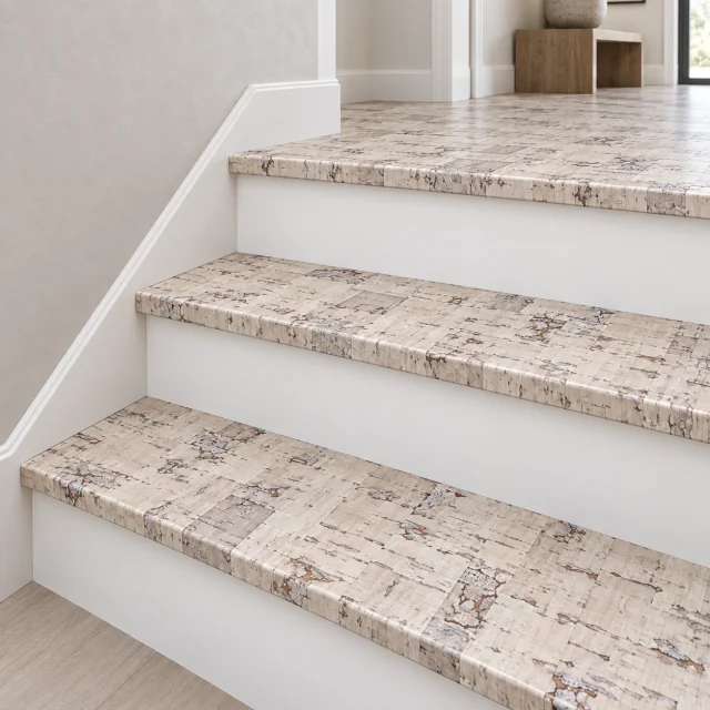Stratum stair nosing — installed view with product profile inset
