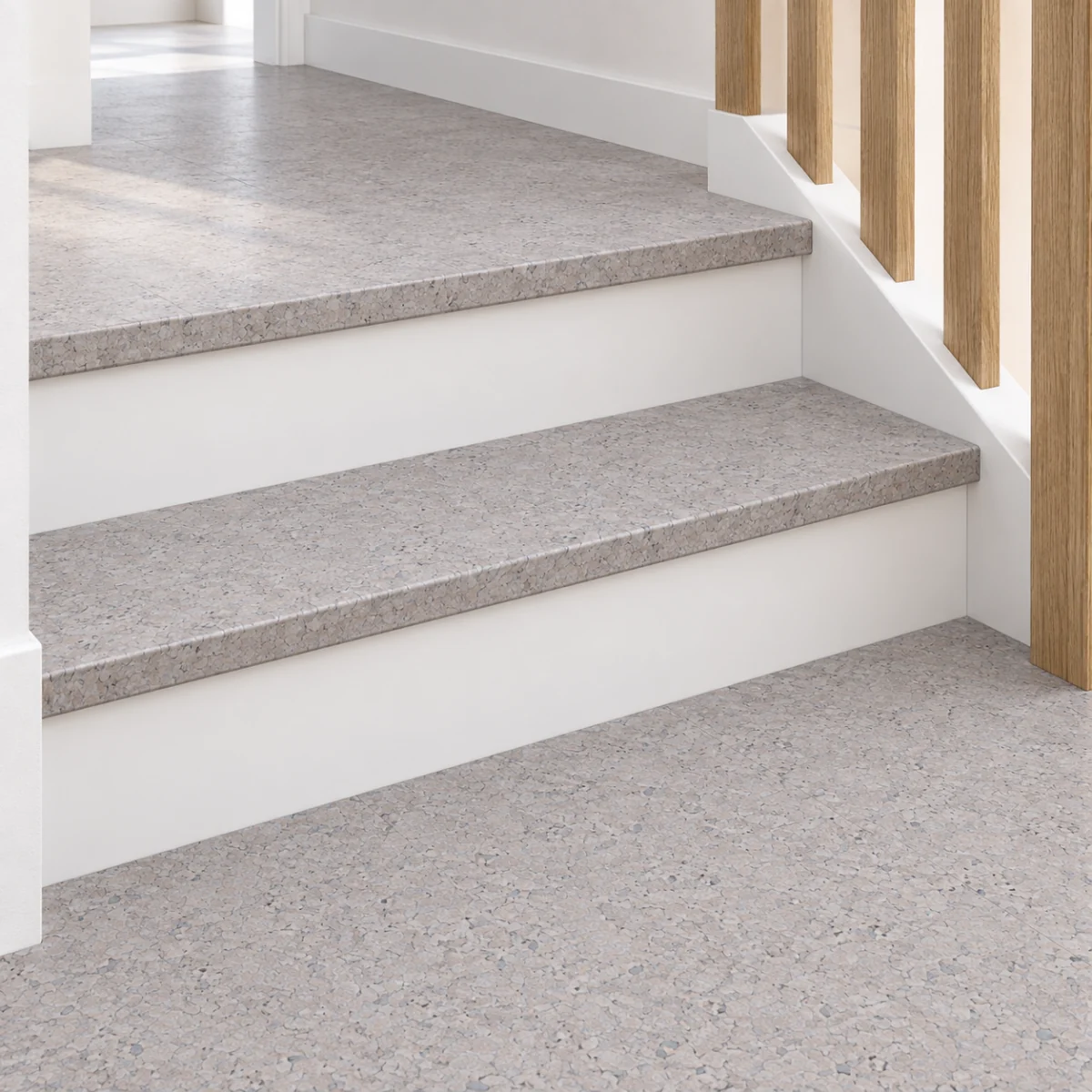 Sustainazzo stair nosing — installed view with product profile inset