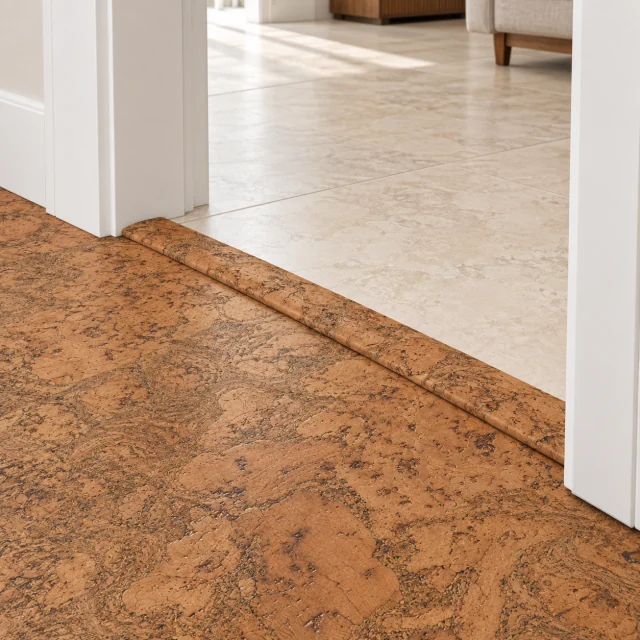 Tasmanian Burl T-molding transition — installed view with product profile inset
