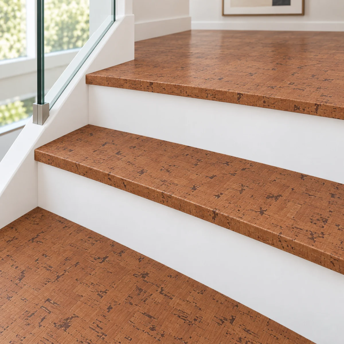 Timber Birch stair nosing — installed view with product profile inset