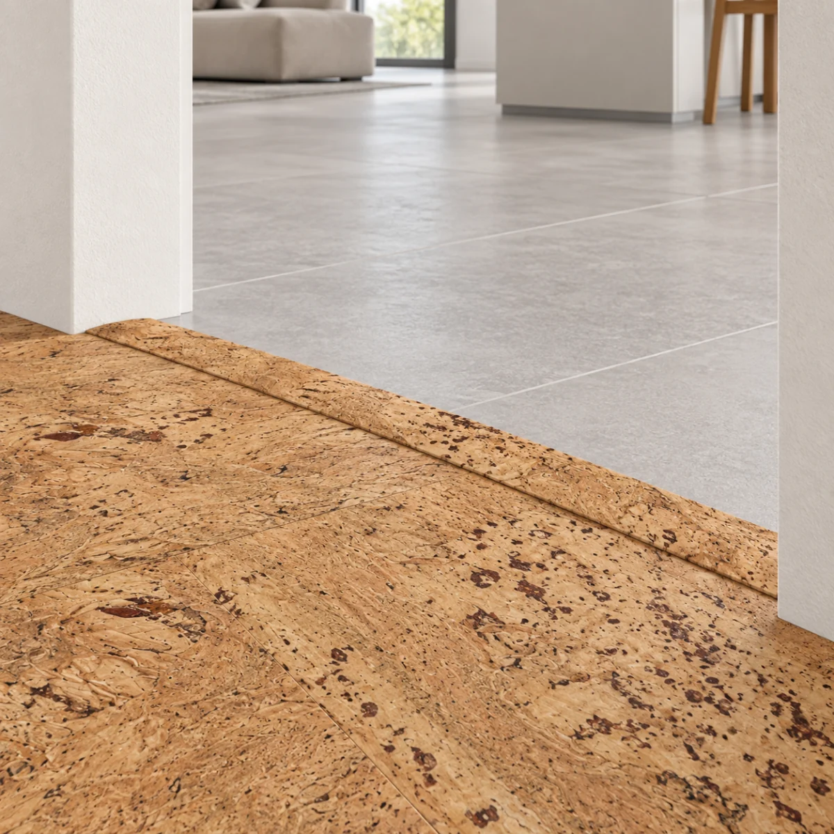 Umber T-molding transition — installed view with product profile inset
