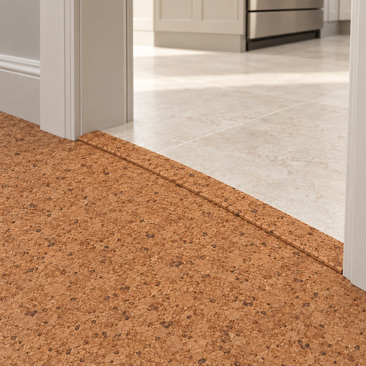 Venetian T-molding transition — installed view with product profile inset