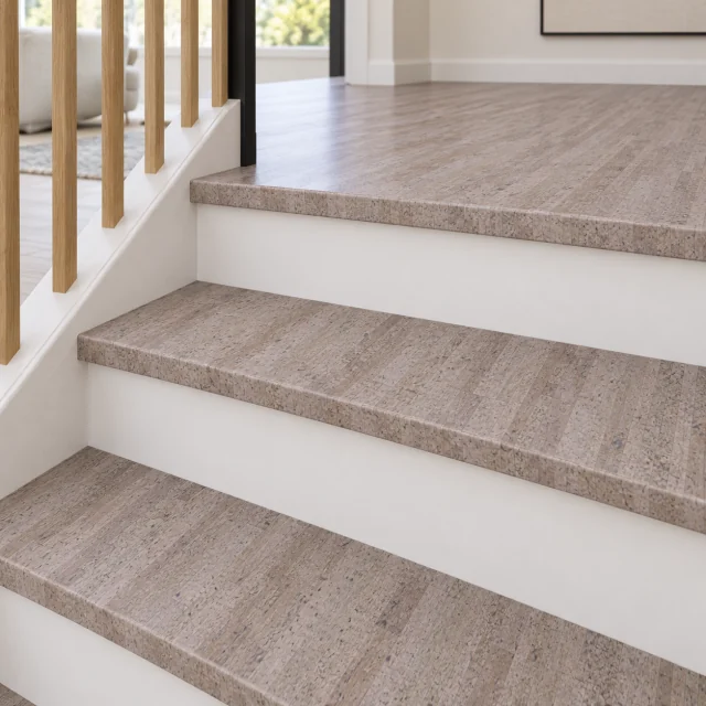 Vertical stair nosing — installed view with product profile inset