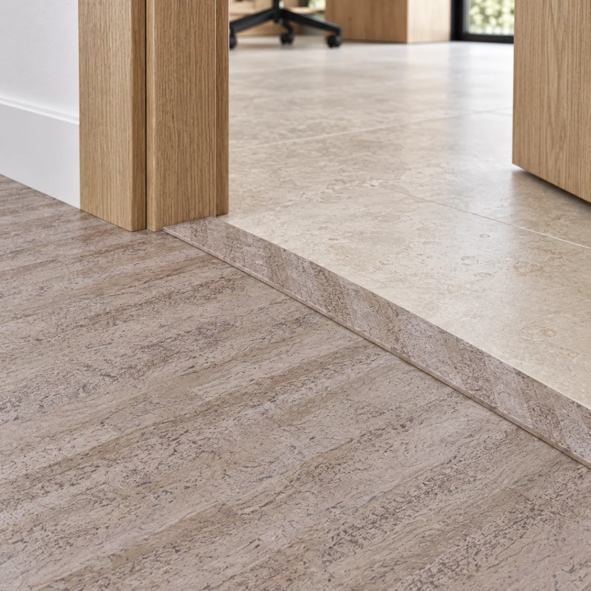 Vertical T-molding transition — installed view with product profile inset