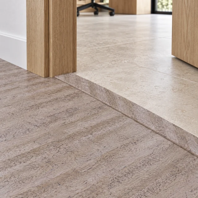 Vertical T-molding transition — installed view with product profile inset