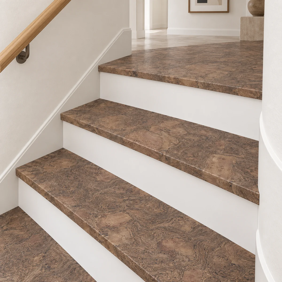 Walnut Burlwood stair nosing — installed view with product profile inset