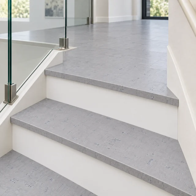 White Bamboo stair nosing — installed view with product profile inset