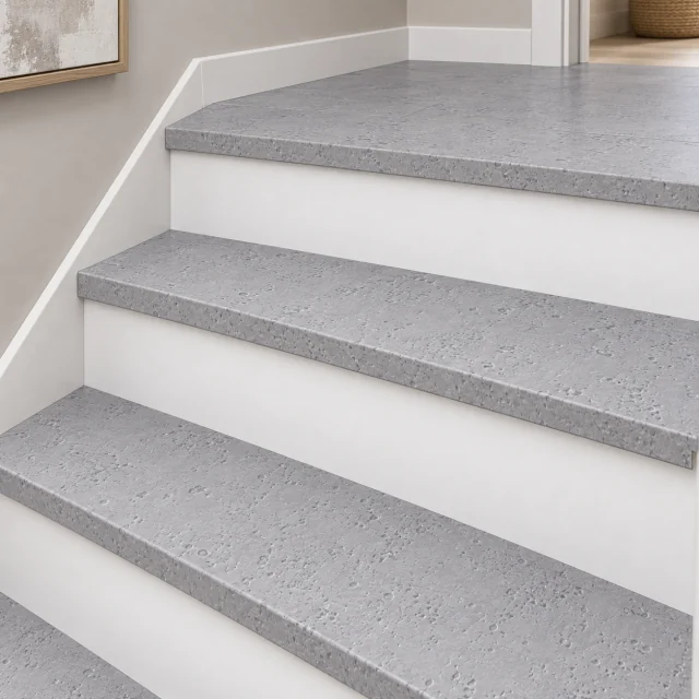 White Leather stair nosing — installed view with product profile inset
