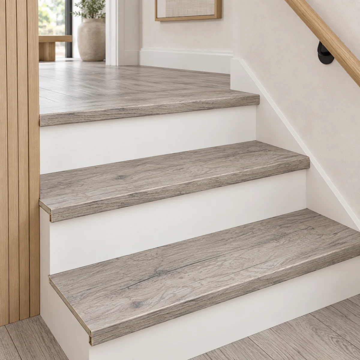 Wild Oak stair nosing — installed view with product profile inset