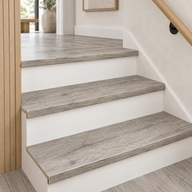 Wild Oak stair nosing — installed view with product profile inset