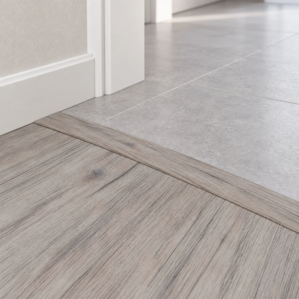 Wild Oak T-molding transition — installed view with product profile inset