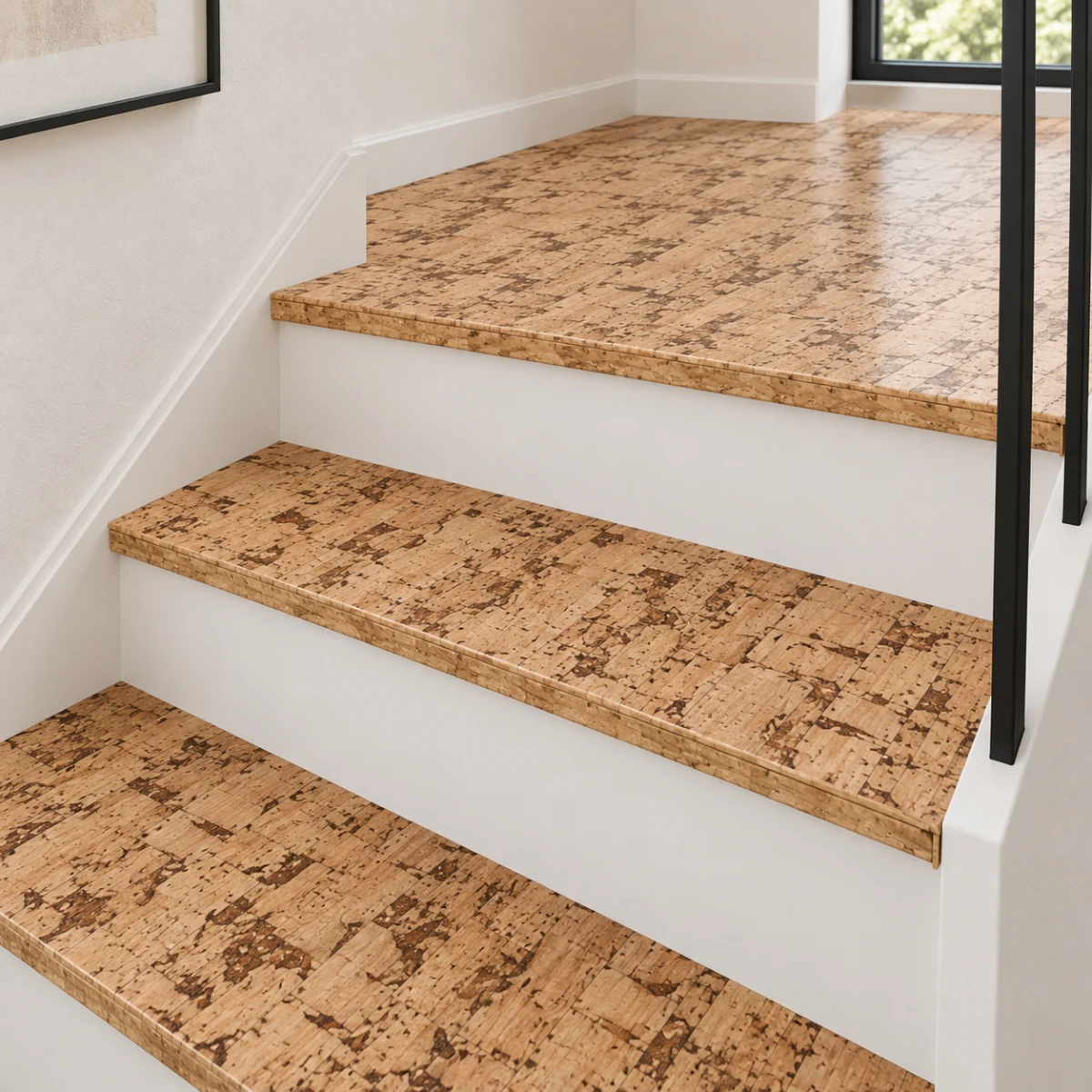 Woodflow stair nosing — installed view with product profile inset