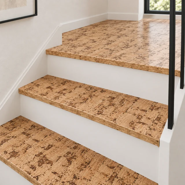 Woodflow stair nosing — installed view with product profile inset