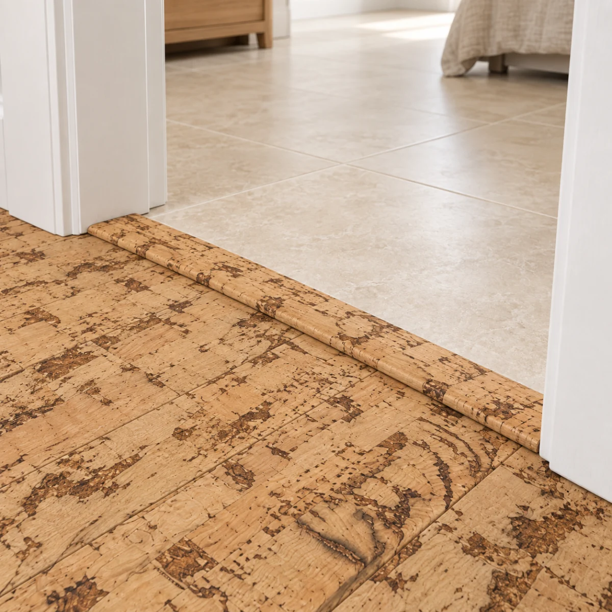 Woodflow T-molding transition — installed view with product profile inset