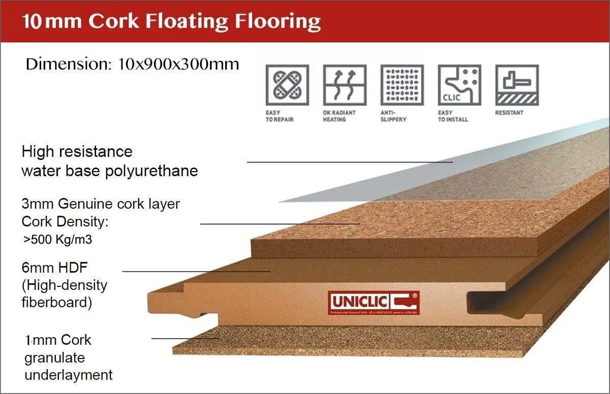 10mm cork layers structure construction floating flooring