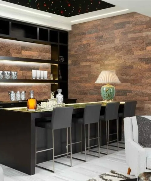 Brown brick cork wall panels bar interior design wall insulation sound absorbing soundproofing noise reduction