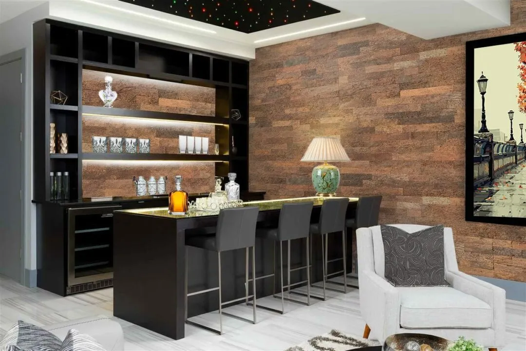 Brown brick cork wall panels bar interior design wall insulation sound absorbing soundproofing noise reduction