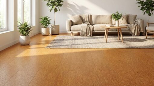 Warm amber cork floating floor in a bright living room