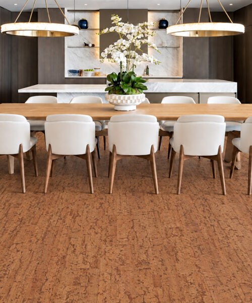 Amber Streak - 1/2" (12mm) - Cork Floating (FASt12) Golden-brown Amber Streak 12mm floating cork flooring extends through a spacious kitchen and formal dining area.