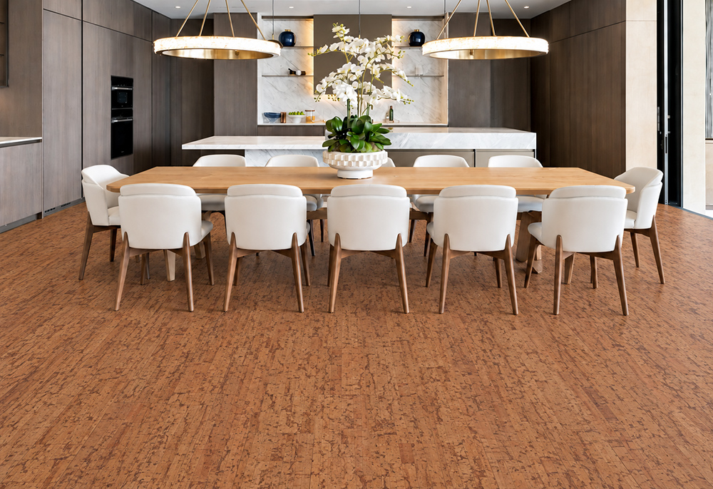 Amber Streak - 1/2" (12mm) - Cork Floating (FASt12) Golden-brown Amber Streak 12mm floating cork flooring extends through a spacious kitchen and formal dining area.