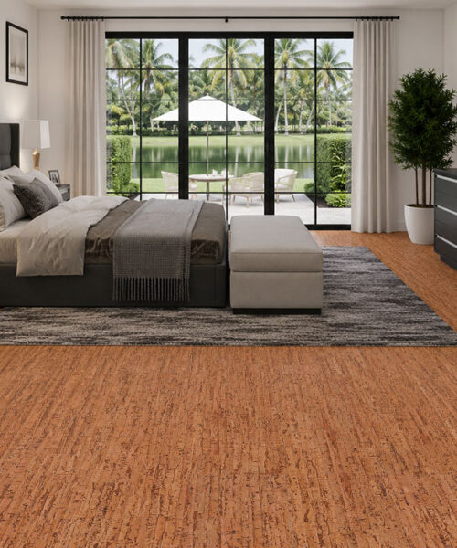 Spacious master bedroom with Amber Streak 12mm cork flooring, offering a comfortable and natural cork floor finish.