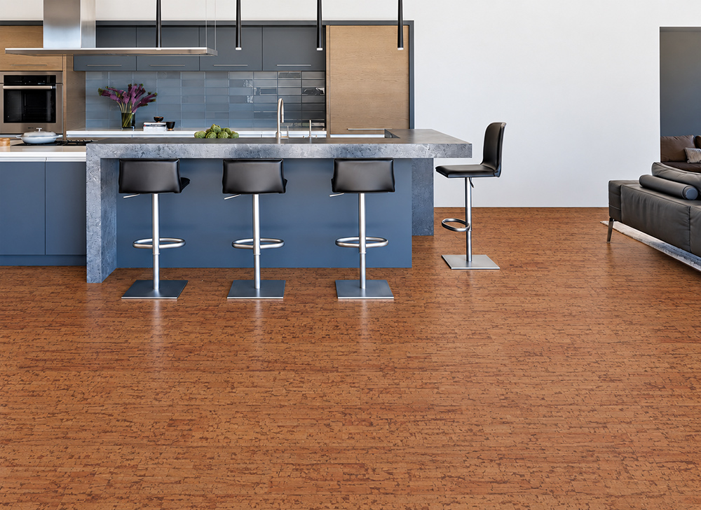 Amber Streak - 1/2" (12mm) - Cork Floating (FASt12) Golden-brown Amber Streak natural cork flooring complements blue kitchen cabinets, black stools, and a marble island.