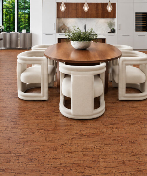 Amber Streak - 1/2" (12mm) - Cork Floating (FASt12) Amber Streak cork flooring displays rich golden-brown streaks beneath a round wood table and cream dining chairs.