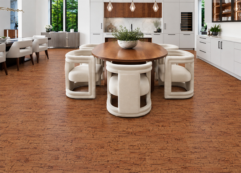 Amber Streak - 1/2" (12mm) - Cork Floating (FASt12) Amber Streak cork flooring displays rich golden-brown streaks beneath a round wood table and cream dining chairs.