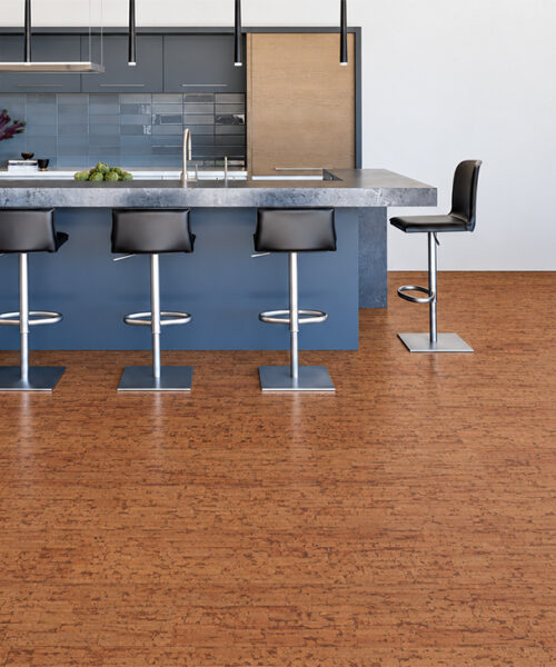Amber Streak - 1/2" (12mm) - Cork Floating (FASt12) Amber Streak floating cork flooring brings warm brown texture to a modern kitchen with a gray marble island.