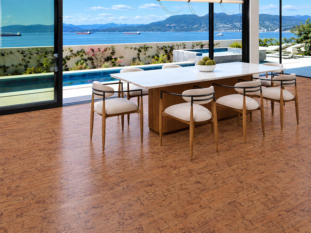Amber Streak - 1/2" (12mm) - Cork Floating (FASt12) Sustainable Amber Streak cork flooring in warm brown complements a waterfront dining area with mountain views.