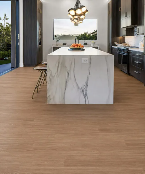 American Red Oak - 7/16" (11mm) - Swiss Design Cork Floating (FRed11) Environmentally friendly American Red Oak cork floor beneath a modern kitchen island