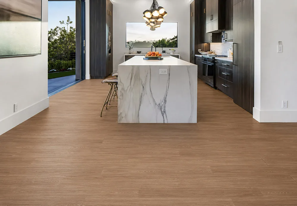 American Red Oak - 7/16" (11mm) - Swiss Design Cork Floating (FRed11) Environmentally friendly American Red Oak cork floor beneath a modern kitchen island