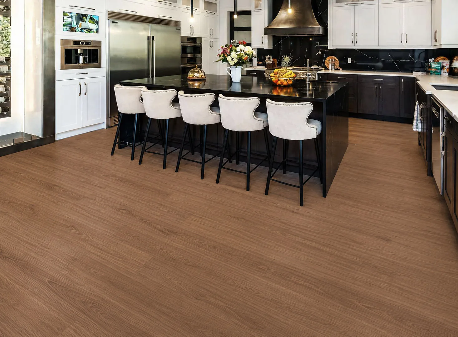 American Red Oak - 7/16" (11mm) - Swiss Design Cork Floating (FRed11) 11mm American Red Oak floating cork floor with natural wood grain in a contemporary living room