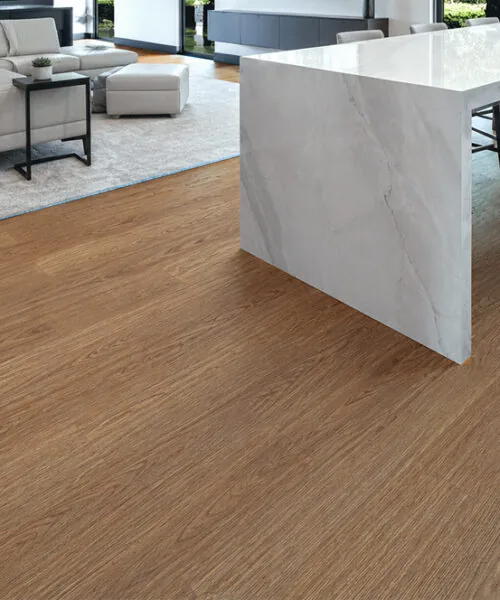 American Red Oak - 7/16" (11mm) - Swiss Design Cork Floating (FRed11) Medium-brown American Red Oak cork floor connecting a contemporary living room and dining area