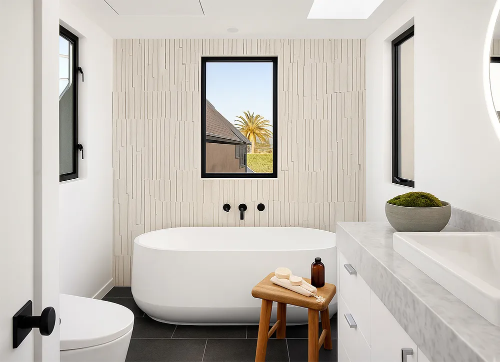 Sustainable Arctic Slate cork wall cladding behind bathtub, textured linear design for style and noise reduction