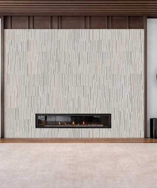 Arctic Slate textured acoustic wall panels used as a stylish fireplace feature wall for modern interiors