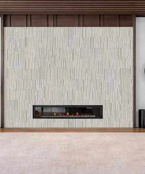 Arctic Slate textured acoustic wall panels used as a stylish fireplace feature wall for modern interiors