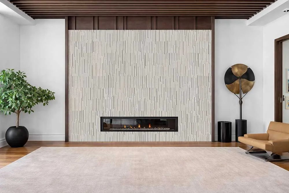 Arctic Slate textured acoustic wall panels used as a stylish fireplace feature wall for modern interiors
