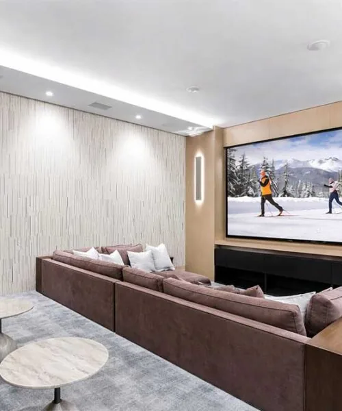 Arctic Slate - 1/2" (12mm) - Cork Wall Tile (WArcSlt12) Arctic Slate acoustic wall panels in a home theater designed to reduce echo and improve sound comfort