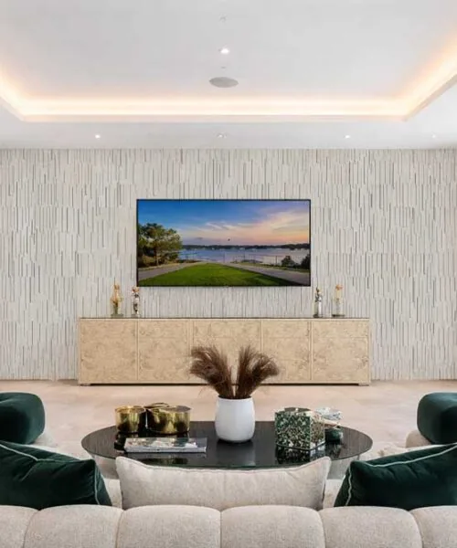 Arctic Slate - 1/2" (12mm) - Cork Wall Tile (WArcSlt12) Arctic Slate 3D acoustic wall panels adding texture and sound absorption to a modern living room TV wall