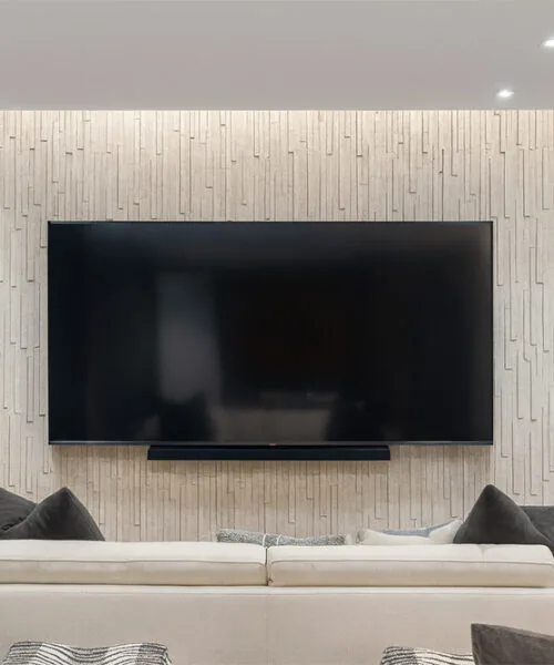Arctic Slate - 1/2" (12mm) - Cork Wall Tile (WArcSlt12) Decorative Arctic Slate cork wall finish in media room, eco-friendly acoustic tiles that minimize echo and reverberation.