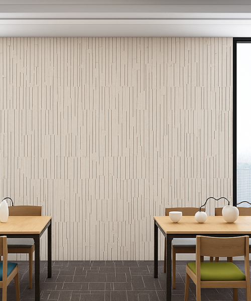 Light Arctic Slate cork wall covering in a restaurant space, modern acoustic panels with natural sound absorption.